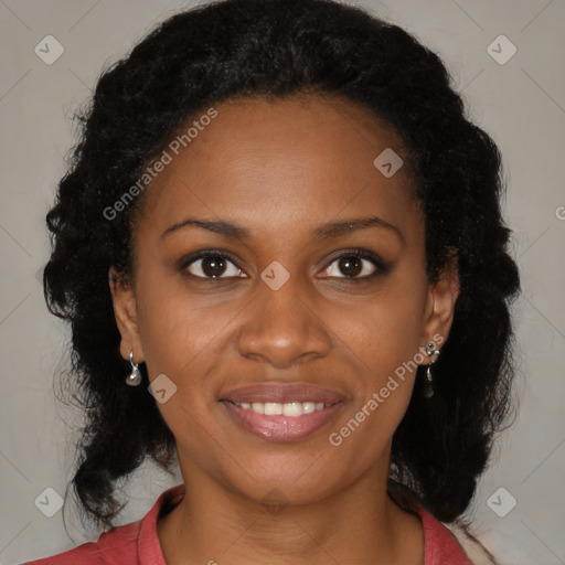 Joyful black young-adult female with medium  brown hair and brown eyes