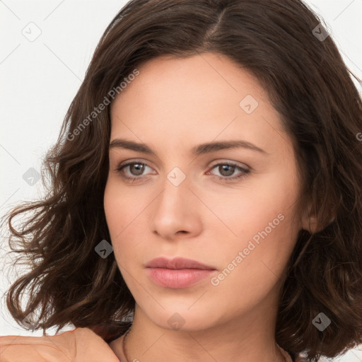 Neutral white young-adult female with medium  brown hair and brown eyes