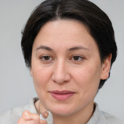 Joyful white adult female with medium  brown hair and brown eyes