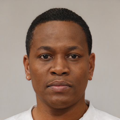 Neutral black young-adult male with short  black hair and brown eyes