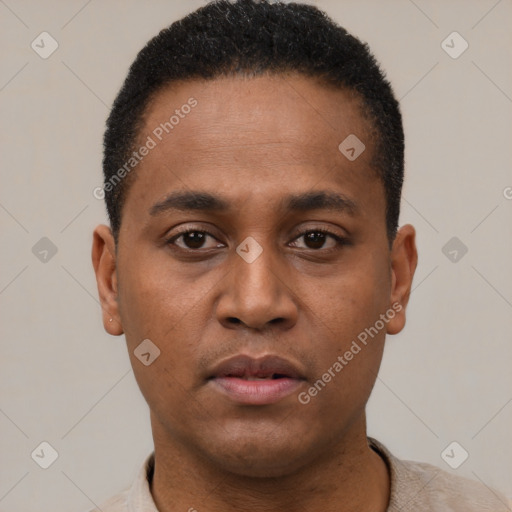 Neutral latino young-adult male with short  black hair and brown eyes
