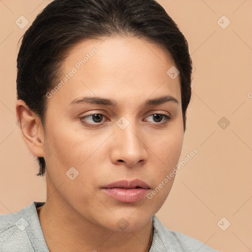 Neutral white young-adult female with short  brown hair and brown eyes