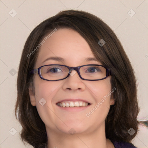 Joyful white young-adult female with medium  brown hair and blue eyes