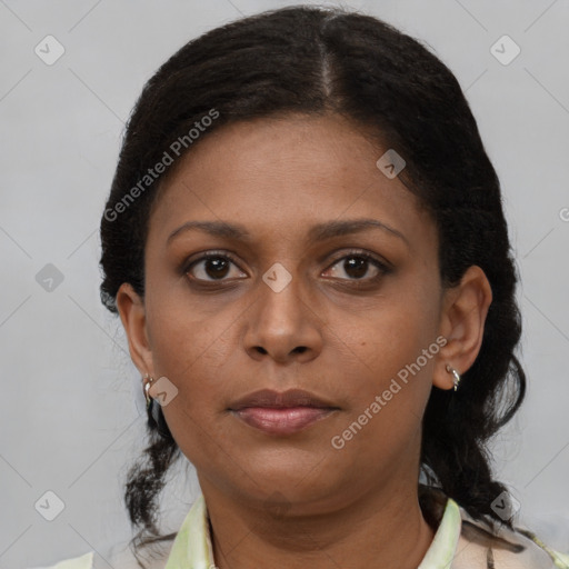 Neutral latino young-adult female with short  brown hair and brown eyes