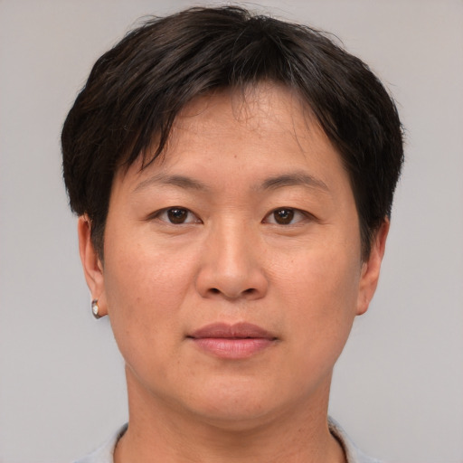 Joyful asian adult female with short  brown hair and brown eyes