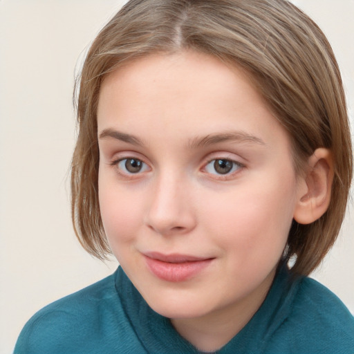 Joyful white child female with long  brown hair and blue eyes