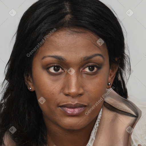 Joyful black young-adult female with long  brown hair and brown eyes