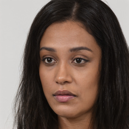 Neutral asian young-adult female with long  black hair and brown eyes