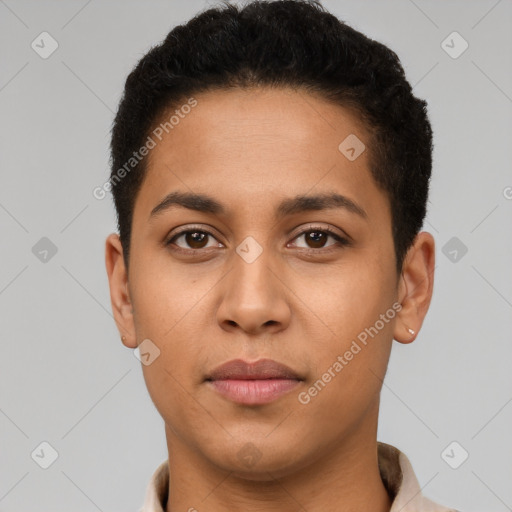 Neutral latino young-adult male with short  brown hair and brown eyes