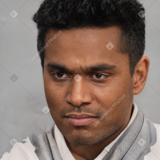 Neutral latino young-adult male with short  black hair and brown eyes