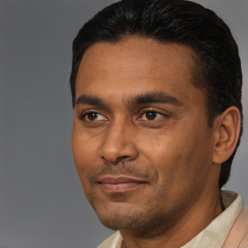 Joyful latino adult male with short  black hair and brown eyes