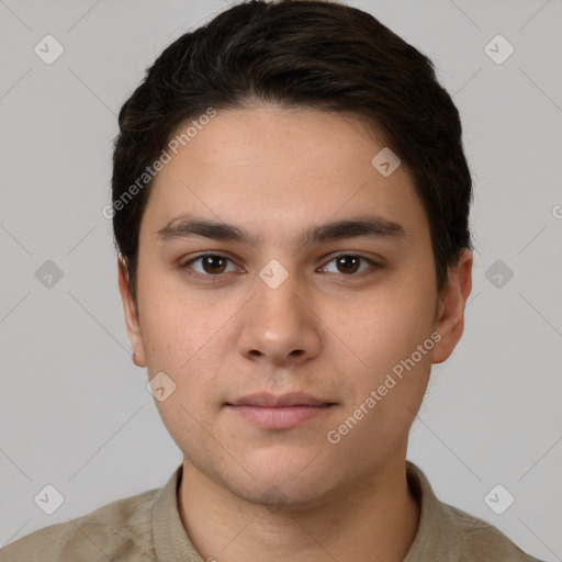 Neutral white young-adult male with short  brown hair and brown eyes