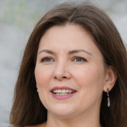 Joyful white adult female with medium  brown hair and brown eyes