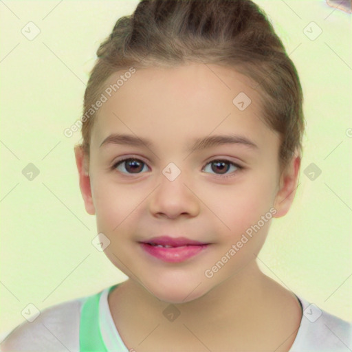 Joyful white child female with short  brown hair and brown eyes