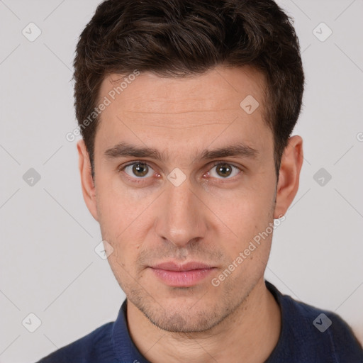 Neutral white adult male with short  brown hair and brown eyes