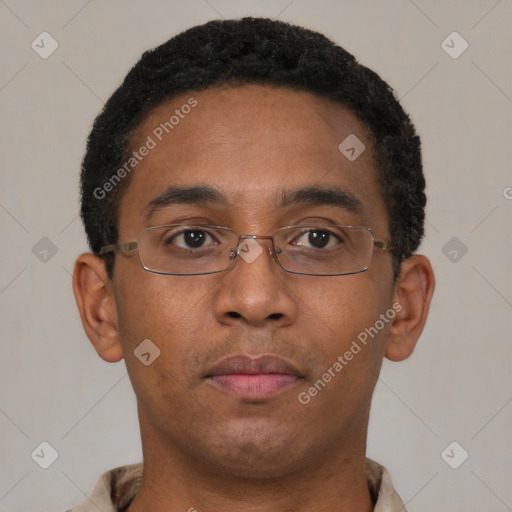 Neutral black young-adult male with short  brown hair and brown eyes