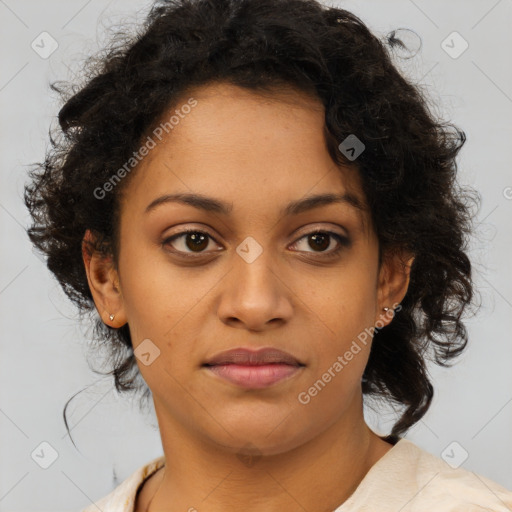 Neutral latino young-adult female with medium  brown hair and brown eyes