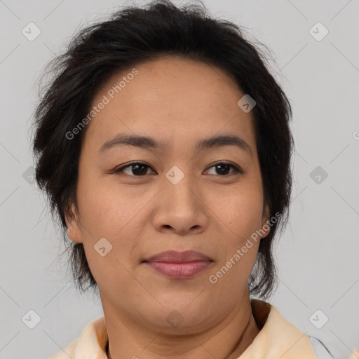 Joyful asian young-adult female with short  brown hair and brown eyes