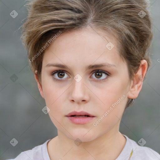 Neutral white young-adult female with short  brown hair and brown eyes