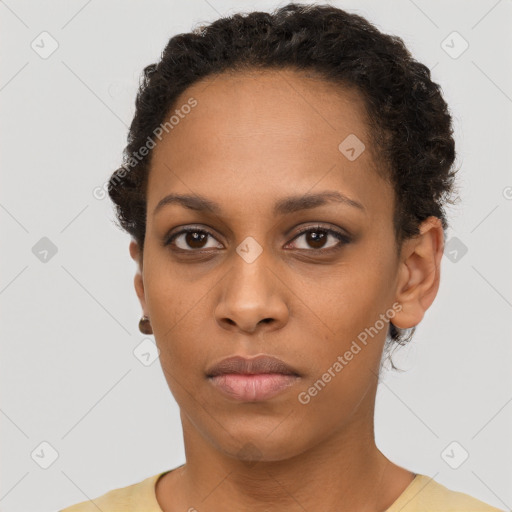 Neutral black young-adult female with short  brown hair and brown eyes