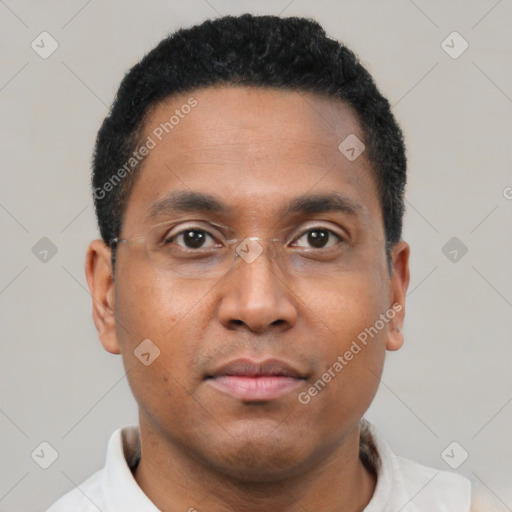 Neutral latino young-adult male with short  brown hair and brown eyes