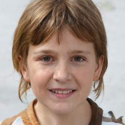 Joyful white child female with medium  brown hair and grey eyes