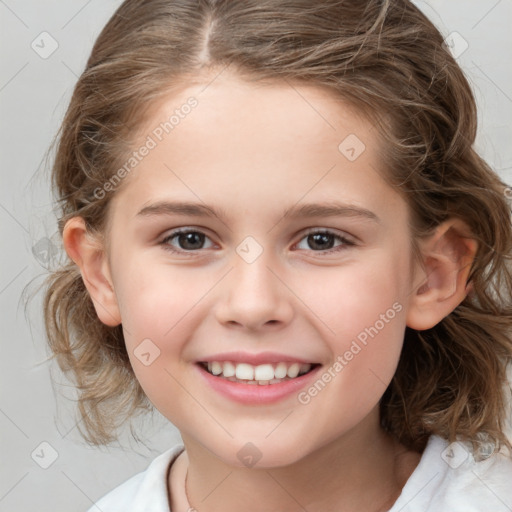 Joyful white child female with medium  brown hair and brown eyes