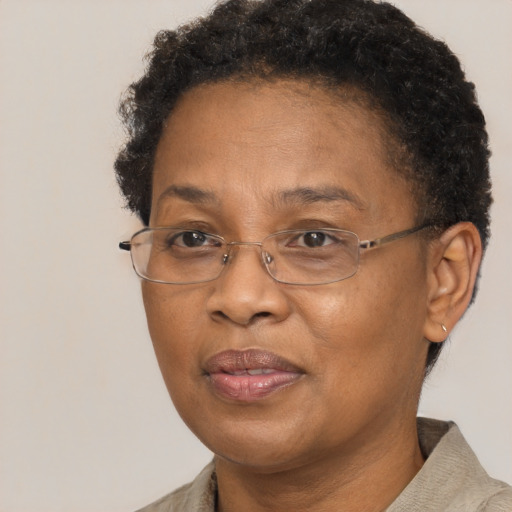 Joyful black adult female with short  brown hair and brown eyes