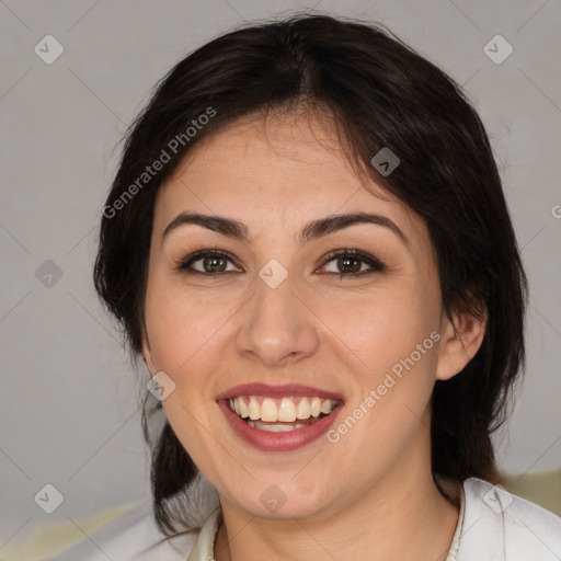 Joyful white young-adult female with medium  brown hair and brown eyes