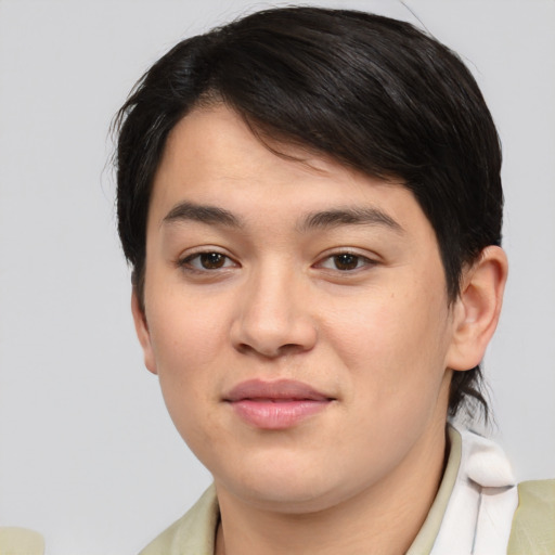 Joyful asian young-adult male with medium  brown hair and brown eyes