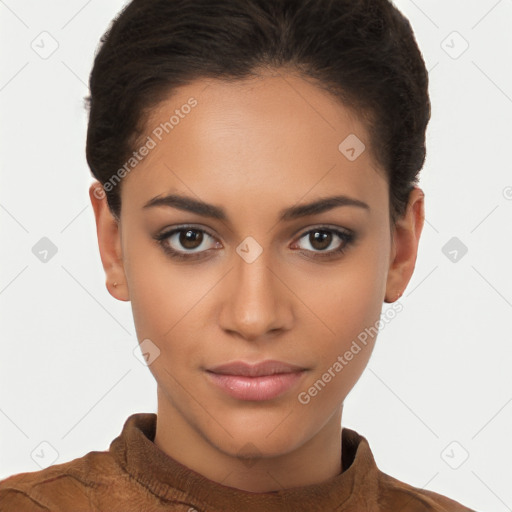 Joyful latino young-adult female with short  brown hair and brown eyes