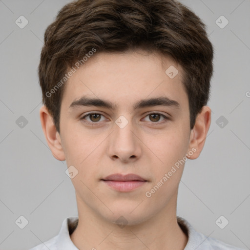 Neutral white young-adult male with short  brown hair and brown eyes