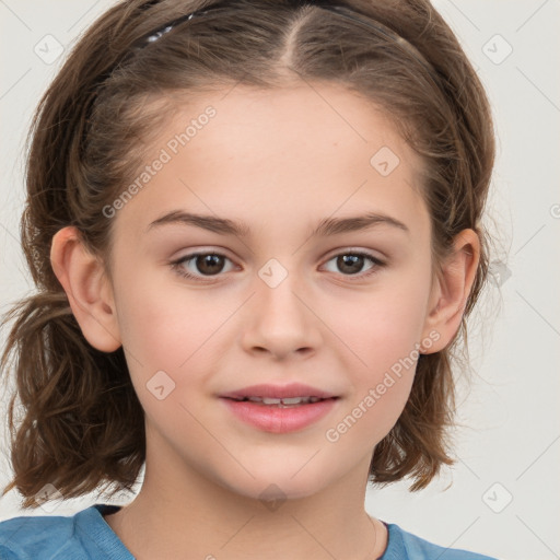 Joyful white child female with medium  brown hair and brown eyes