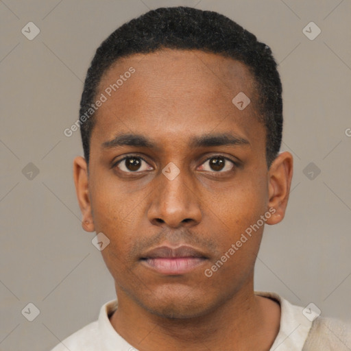 Neutral latino young-adult male with short  black hair and brown eyes