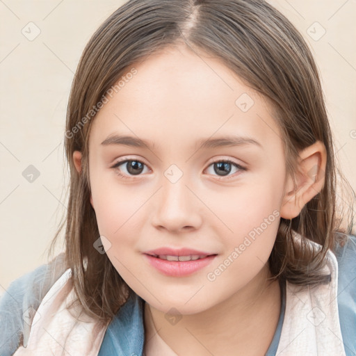 Joyful white child female with medium  brown hair and brown eyes