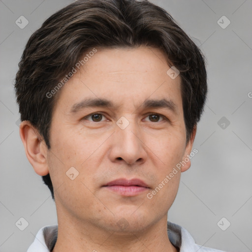 Neutral white adult male with short  brown hair and brown eyes