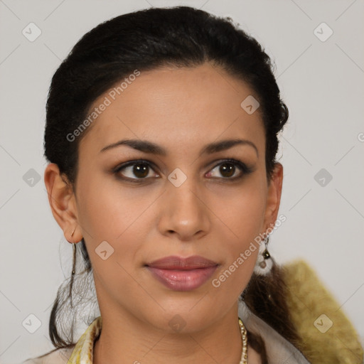 Joyful latino young-adult female with short  brown hair and brown eyes