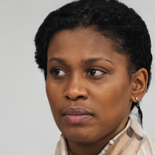 Neutral black young-adult female with short  brown hair and brown eyes