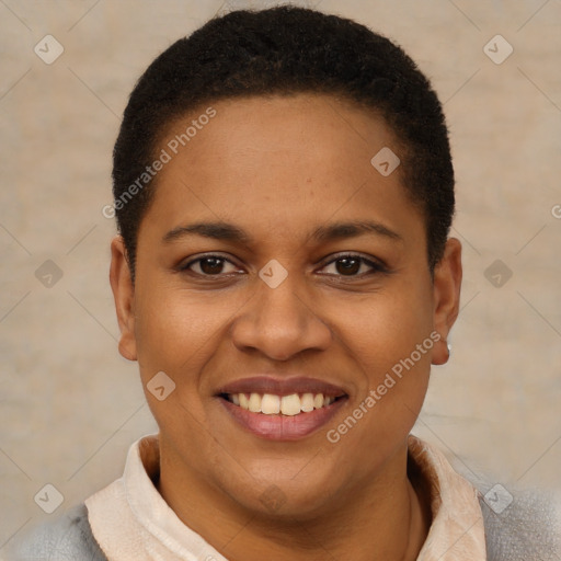 Joyful latino young-adult female with short  black hair and brown eyes