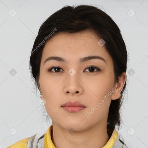 Neutral asian young-adult female with medium  brown hair and brown eyes