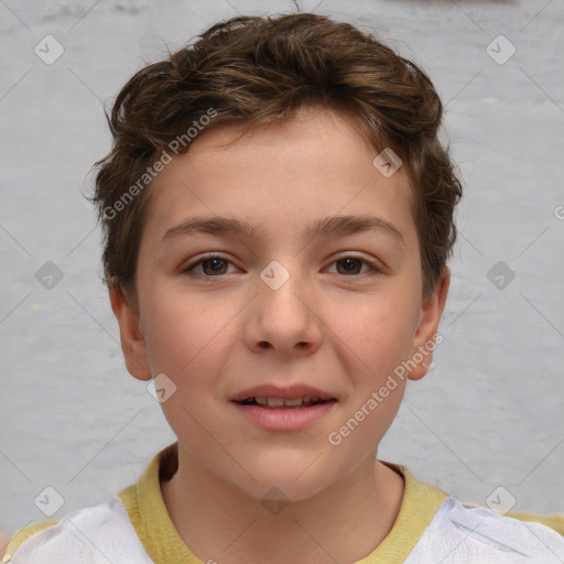 Joyful white child female with short  brown hair and brown eyes