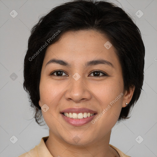 Joyful white young-adult female with medium  brown hair and brown eyes