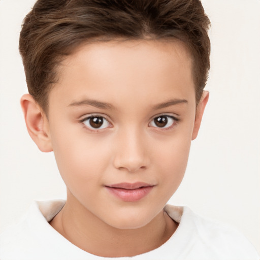 Joyful white child female with short  brown hair and brown eyes