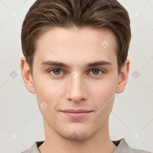 Neutral white young-adult male with short  brown hair and brown eyes