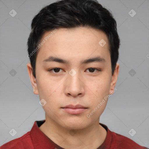 Neutral white young-adult male with short  black hair and brown eyes
