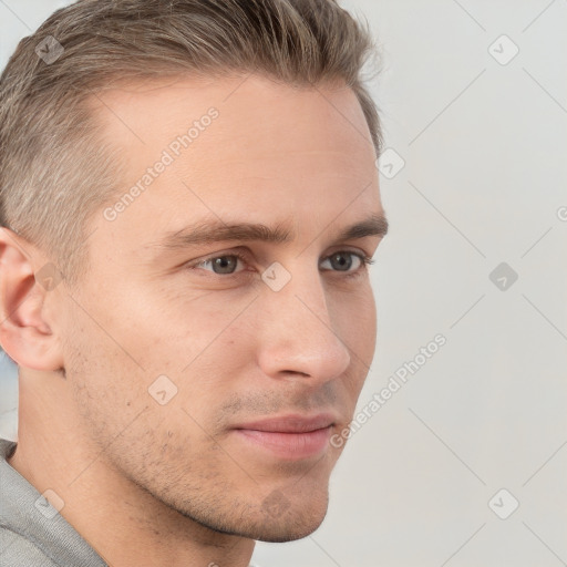 Neutral white young-adult male with short  brown hair and grey eyes