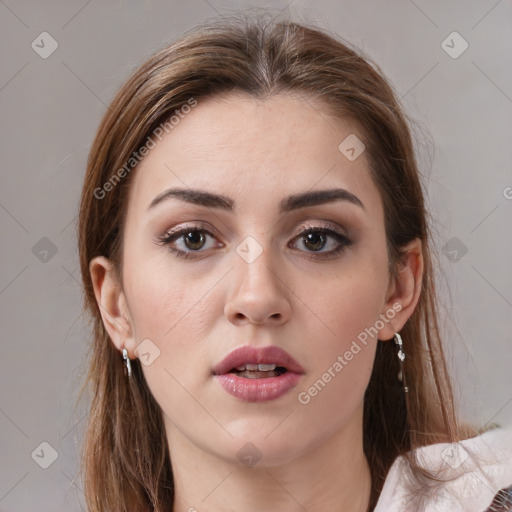 Neutral white young-adult female with medium  brown hair and grey eyes