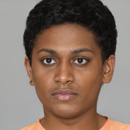 Neutral black young-adult female with short  black hair and brown eyes