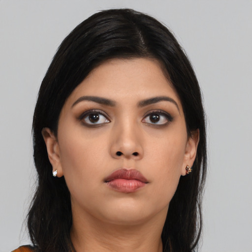 Neutral asian young-adult female with long  black hair and brown eyes
