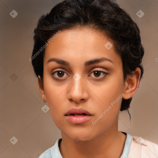 Neutral white young-adult female with short  brown hair and brown eyes